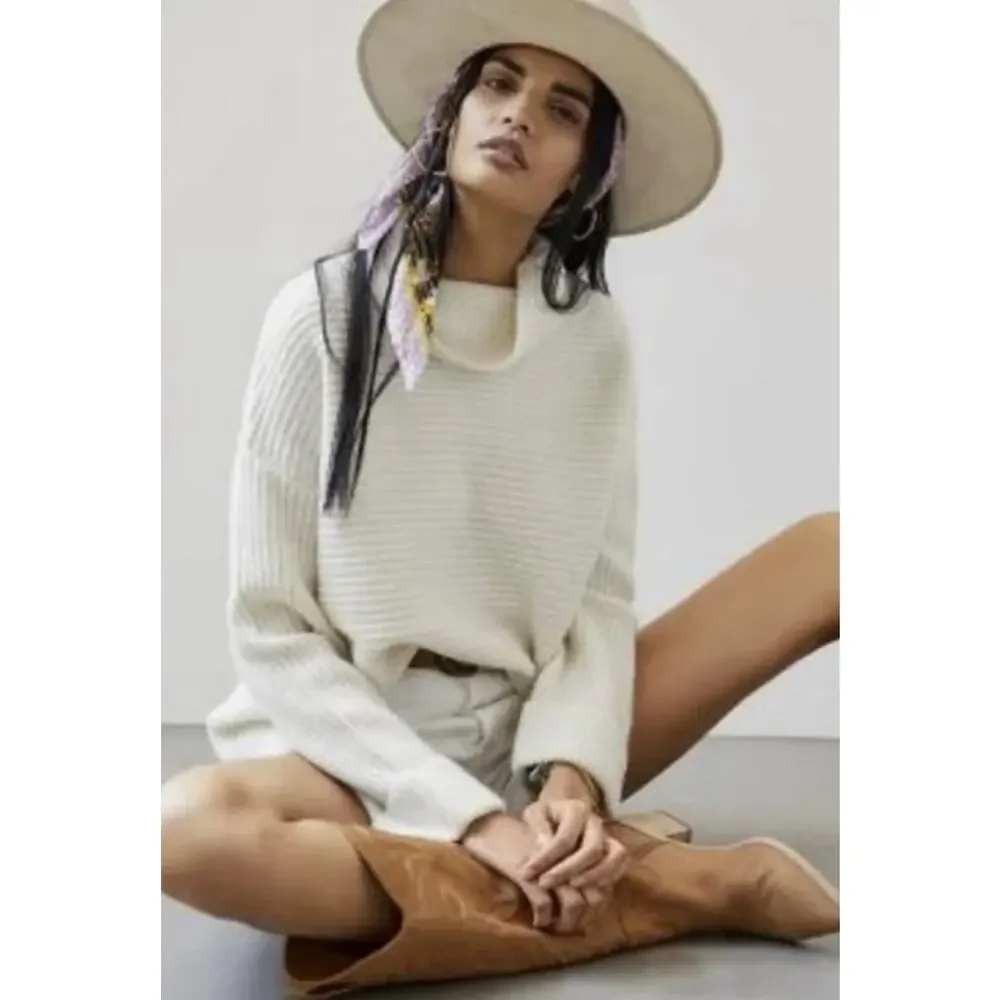 Anthropologie Pilcro Sweater Ivory Cowl Neck Ribbed Knit Cuffed Sleeve Oversized